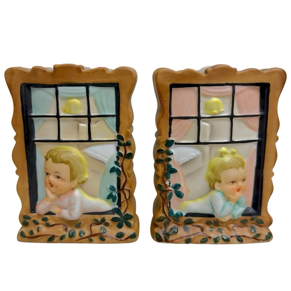 Vintage Matching Pair Wall Pockets Little Boy & Girl in Windows Daydreaming MCM
